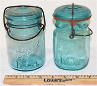 LOT - 2 BLUE PINT BALL JARS W/ GLASS LIDS