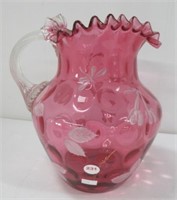 Vintage Cranberry Glass Pitcher with Painted