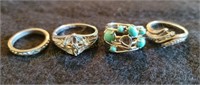 4 Rings Marked .925 W/Topaz, Diamonds & Turquoise