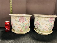 Chinoiserie Floral Cache Pots w/ trays X 2
