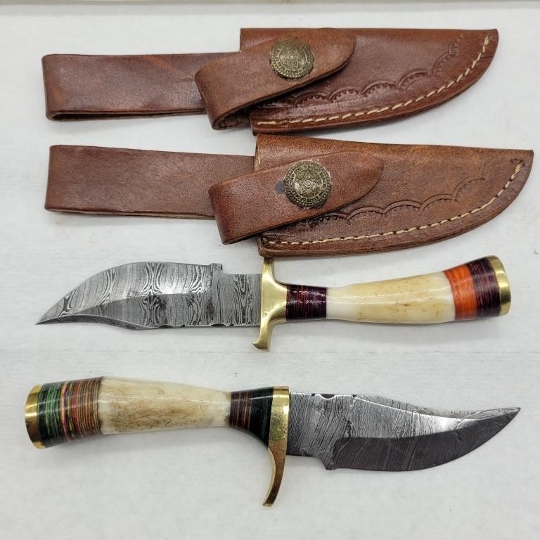 2- DAMASCUS STEEL FIXED BLADE ANTLER HANDLE