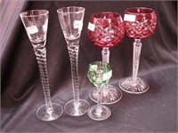 Five pieces of stemware: pair of red overlay