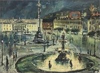 French Plaza with Fountain Scene Painting.