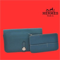 HERMES Dogon GM Vintage Leather Long Wallet Blue