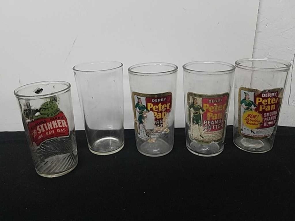 Vintage peanut butter jars, and drinking glasses