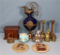 Brass Mounted Ewer, Majolica + Candlesticks