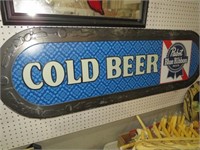 TIN EMBOSSED PBR COLD BEER ADV. SIGN -- 58 X 18