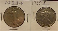 1934-S Walking Liberty Silver Half Dollar Coins