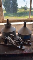 2 lg metal funnels and 2 hand planers