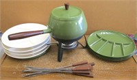 Vtg Fondue Pot, Skewers & Plates