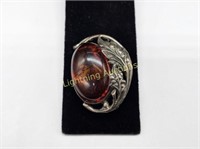 VINTAGE STERLING SILVER AMBER BROOCH