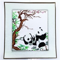 Original Silk Art, "Two Pandas and Bamboo Tree"