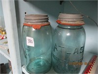 2 Vtg. Green Qt. Canning Jars