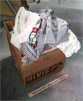 Box of Various Linens, Apron, Tableclothes,