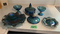 Carnival glass bowls, candy dish, candle holders