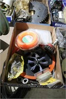 BOX OF WIRE BRUSHES, TRIMMER PARTS ETC