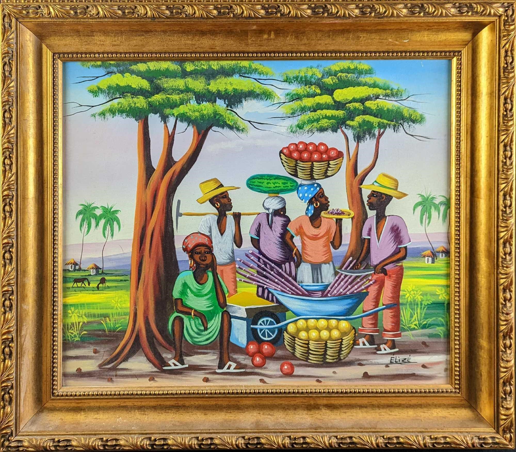 F31 Framed Acrylic On Canvas Group Of Haitian Peop