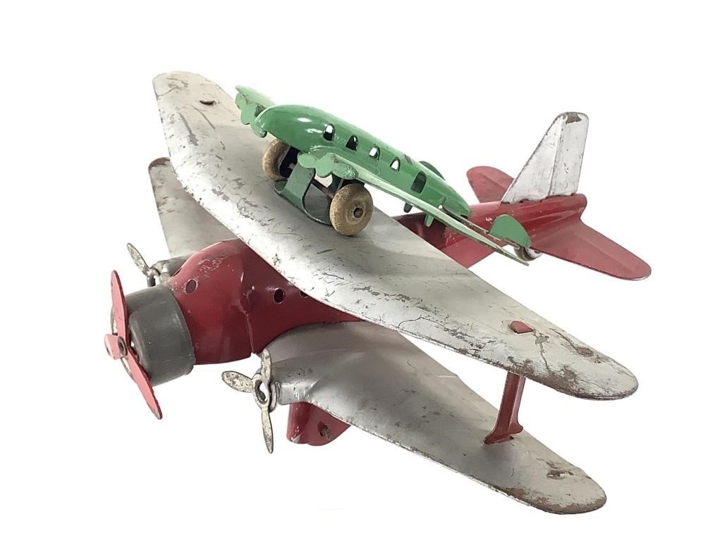 Pressed Steel Toy Biplane w Piggyback Plane Marx
