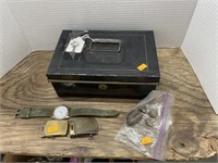 Metal lockbox , vintage watche, fossil stones,