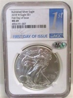 2018 BURNISHED SILVER EAGLE NGC MS69 1st DAY ISSUE