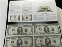 Uncut $5 United States Currency (4 Bills)
