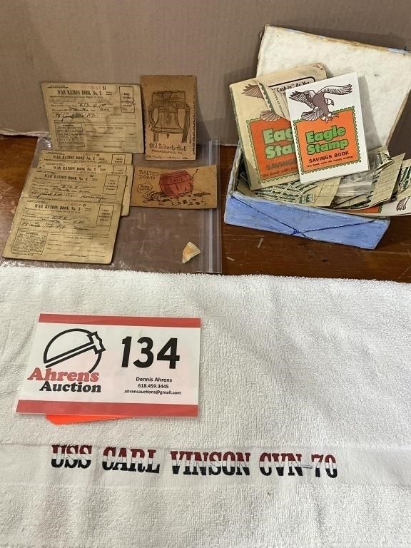 War rations book, USS Vinson towel, Eagle Stamps