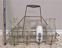 Local Vintage Dairy Bottles in Wire Carrier