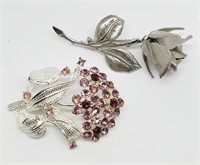2-VINTAGE SILVER TONED FLOWER BROOCHES