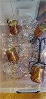 Tote of assorted glassware, and copper plated