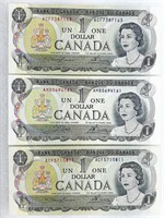 3x Billet UN DOLLAR 1973 canadien en très bon état