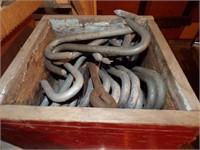 WOODEN BOX FULL OF HOOKS