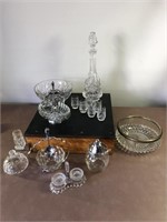 Crystal decanter and glasses, serving bowl