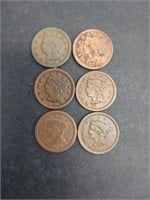 6 ONE CENT COINS 1848-1852