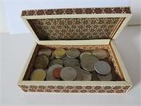 LOT FOREIGN COIN IN SMALL BOX