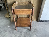 Medium brown wood side table, glass top opens,