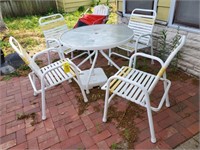 Patio table, chairs (4), umbrella base