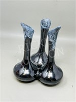 Pottery triple bud vase - signed - 7" tall