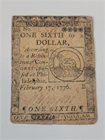 Feb 17,1776 Continental Currency 1/6th