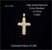 14kt Diamond Cross Pendant, ~0.15ctw, 1.2dwt
