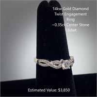 14kt Diamond Twist Engagement Ring, ~0.35ct Center