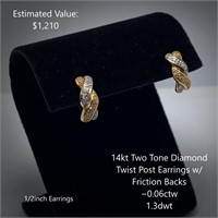 14kt Diamond Twist Post Earrings w/ Friction Backs