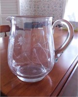 Vintage wheel-cut glass pitcher / applied handle,