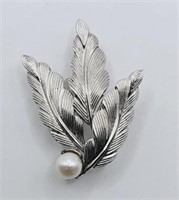 Sterling Silver Genuine Pearl Leaf Brooch