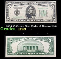 1934 $5 Green Seal Federal Reseve Note Grades xf