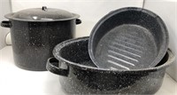 Enamel Pans, Lidded Pot and Two Roasting Pans