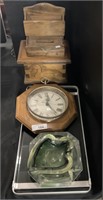 Elgin Quartz Hanging Clock, Green Glass Dish,