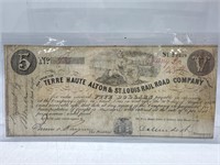 1859 Terre Haute Alton St. Louis RR $5 currency
