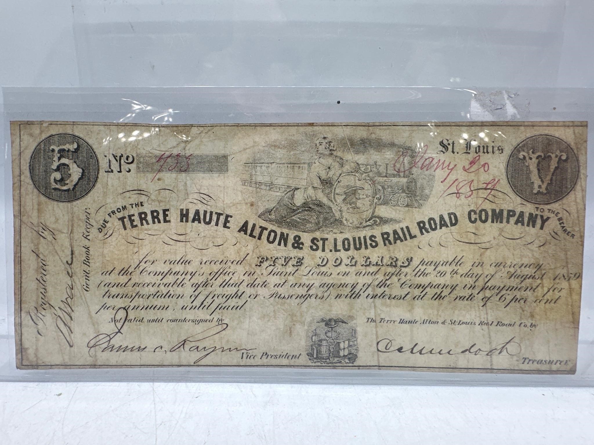 1859 Terre Haute Alton St. Louis RR $5 currency