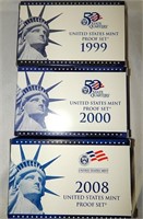 US Mint Proof Coin Sets (3) 1999, 2000, 2008