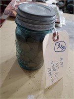 Old Ball aqua fruit jar + 550 wheat cents 1940s